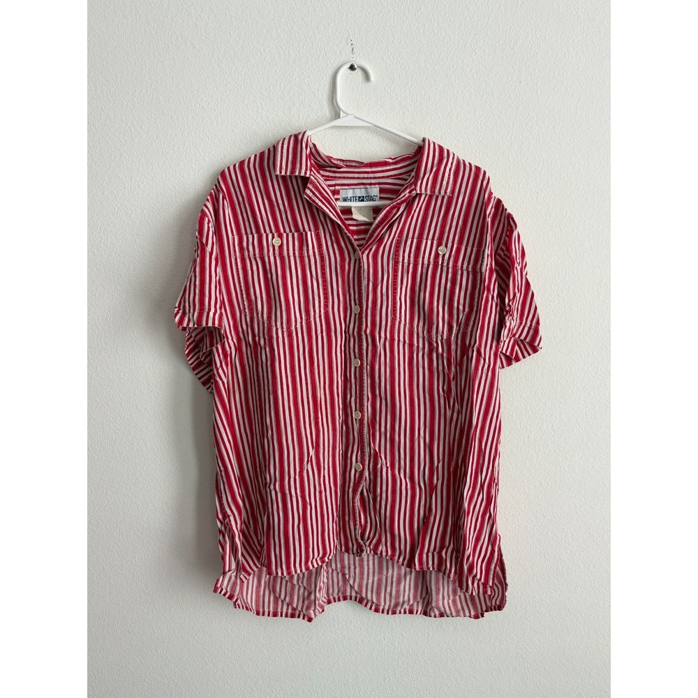 White Stag Shirt Womens XL Multicolor Striped High Low Hem Collared Button Up